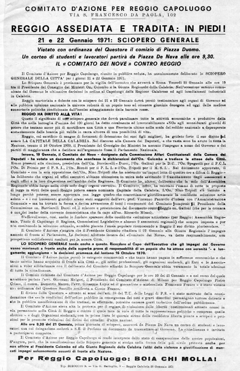 Volantino "Reggio assediata e tradita", 20 gennaio 1971