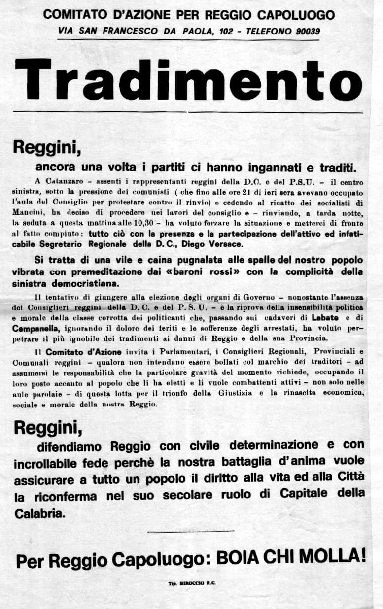 Volantino "Tradimento" del Comitato d'Azione per Reggio Capoluogo